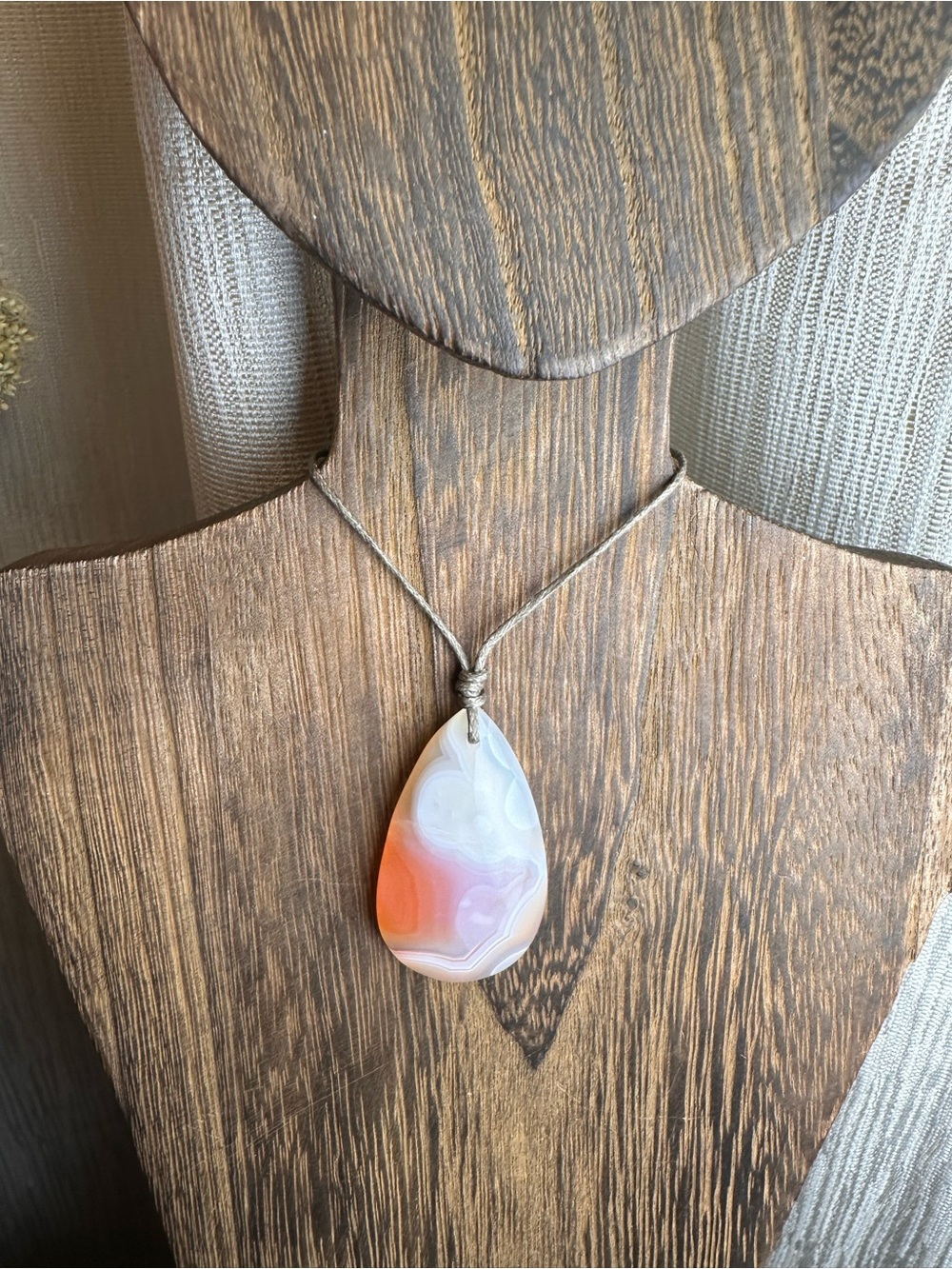 Coral Agate Teardrop Pendant Necklace on Thin Simple Tan Rope - Picture 5 of 14